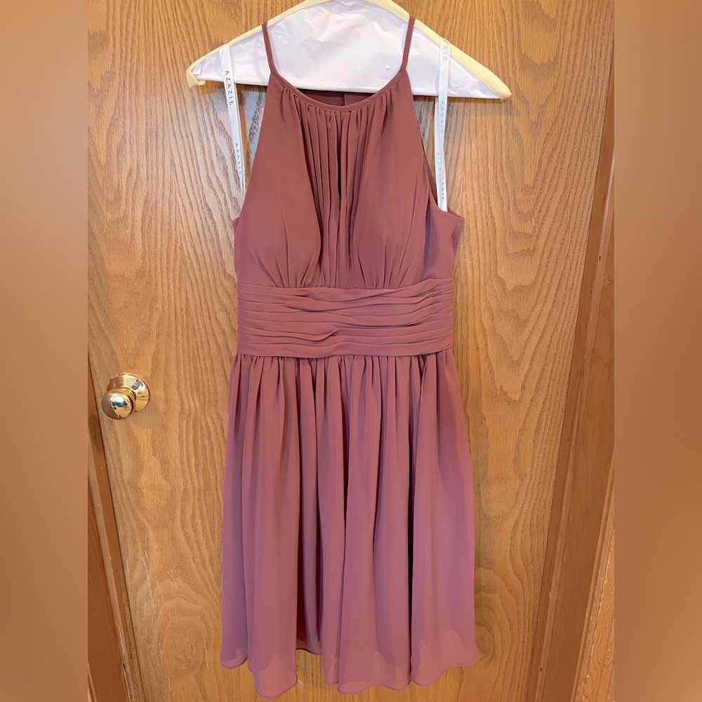 Azazie Pink Ruched Halter Midi Dress